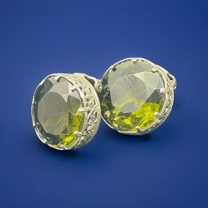 Vintage Made in Austria Dark Green Headlight Silver-tone Clip on Earrings HTF